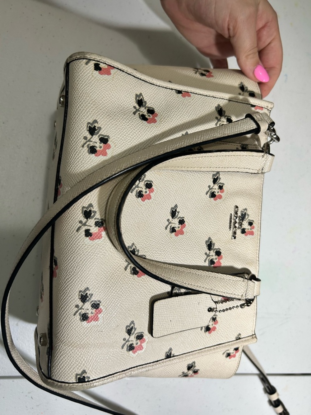 Coach Cream Floral Print Satchel with Pink & Black Accents
